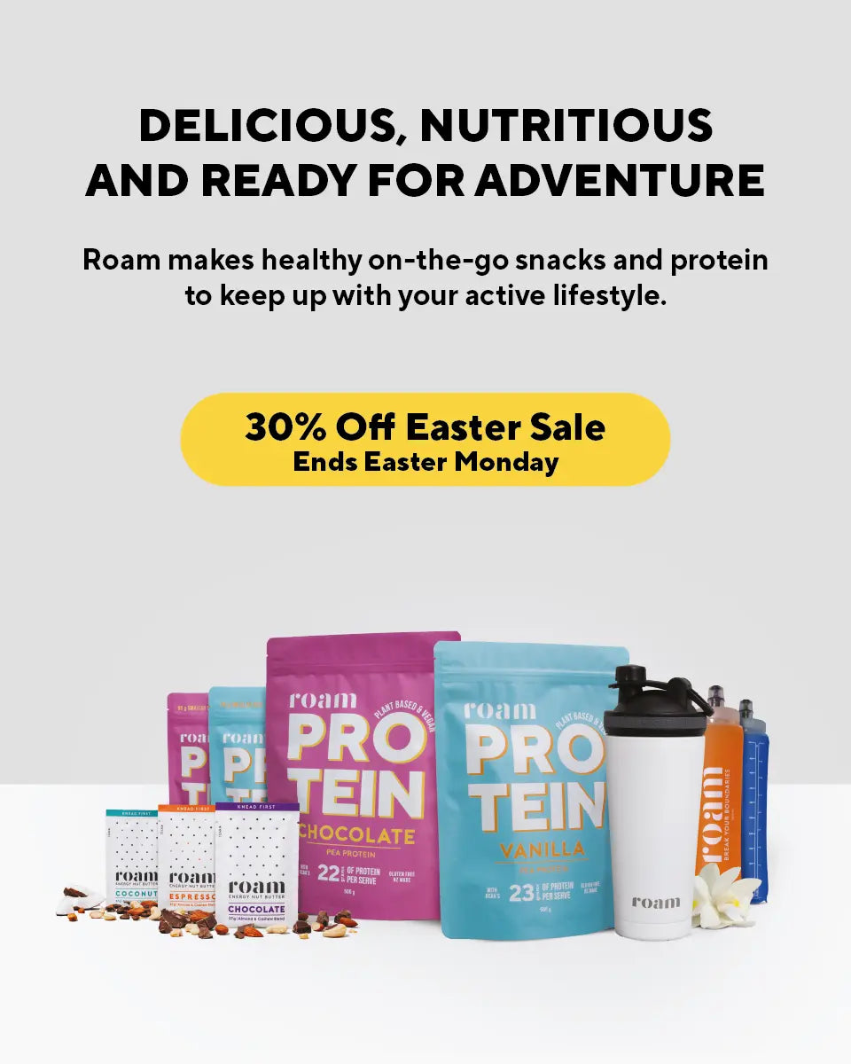 Roam Product Range Energy Nut Butter Vegan Protein and Soft Flask