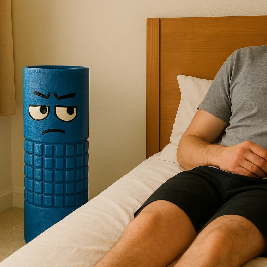 A disgruntled foam roller looks at its owner with disdain