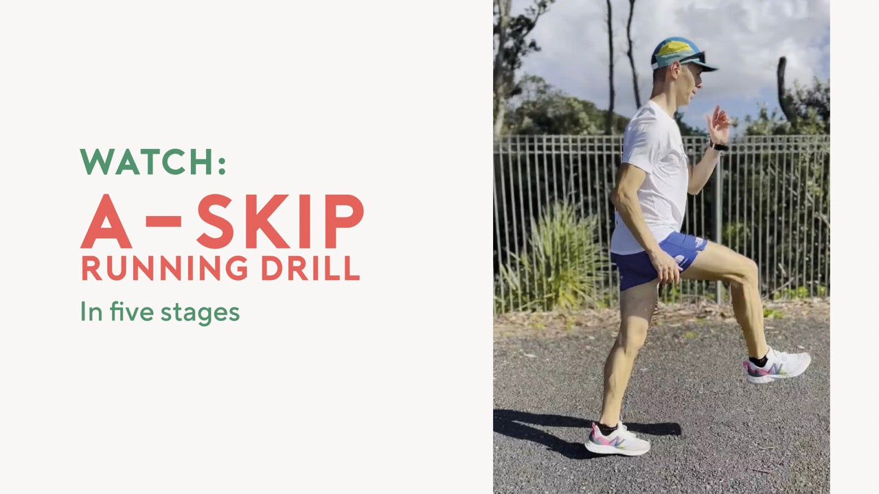 Runner performing the 5 stages of the A-Skip drill