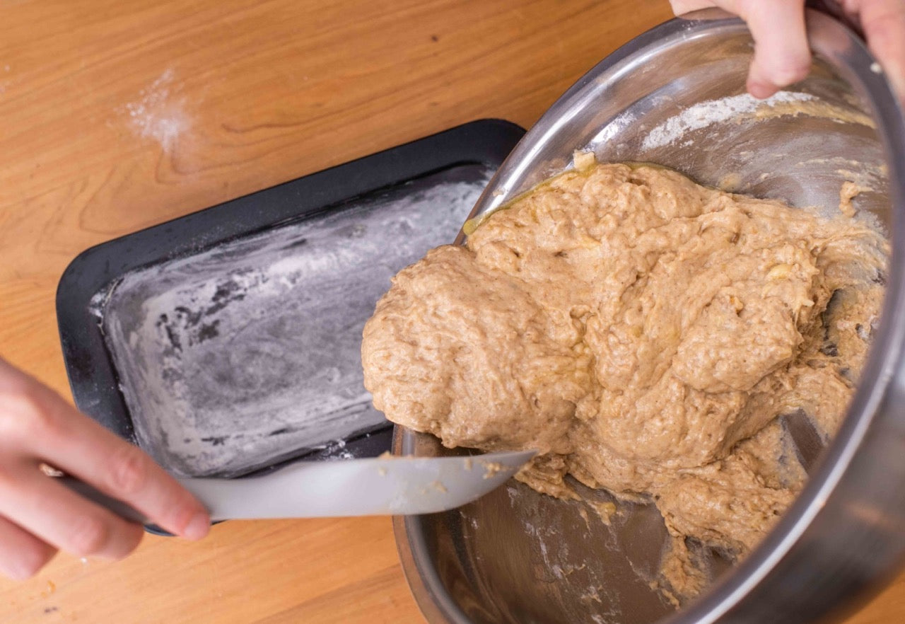 Protein banana bread batter ready in the loaf pan before baking