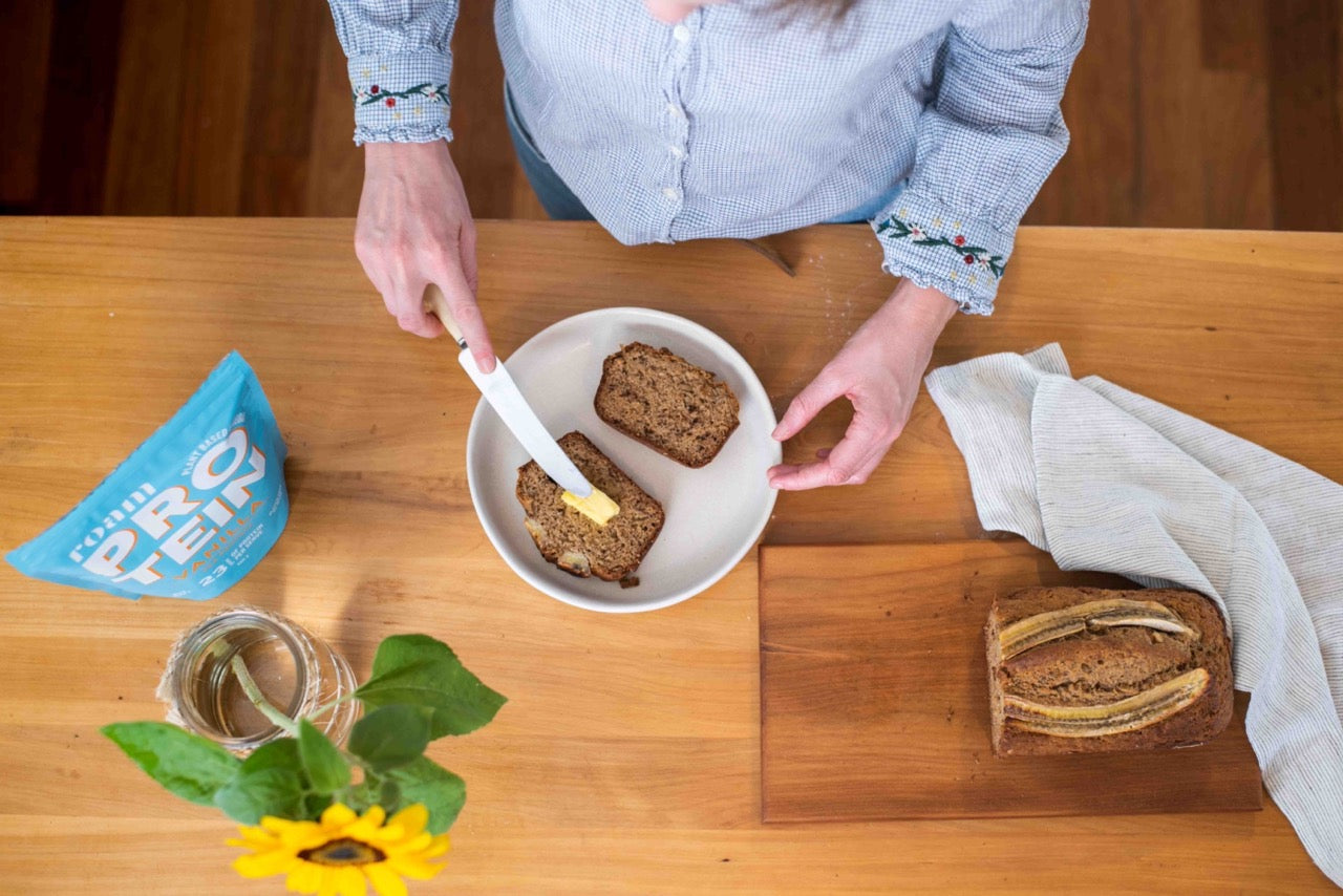Slices of delicious high-protein banana bread made with Roam Protein powder