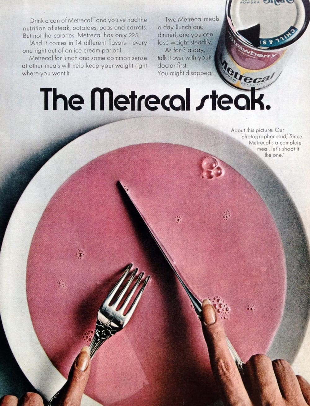 Shake off weight with meal replacement drinks|Metrecal Steak Meal Replacement Ad from the 1960s