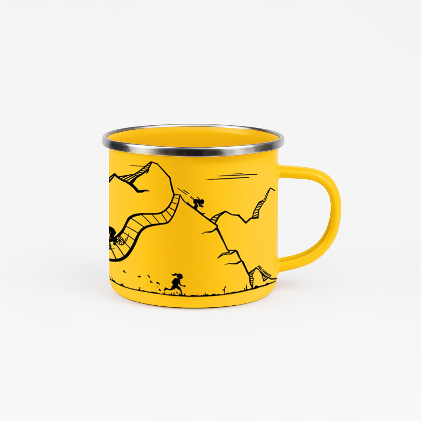 Back view of yellow Roam enamel mug showing mountain scene with trail runners and cyclists.