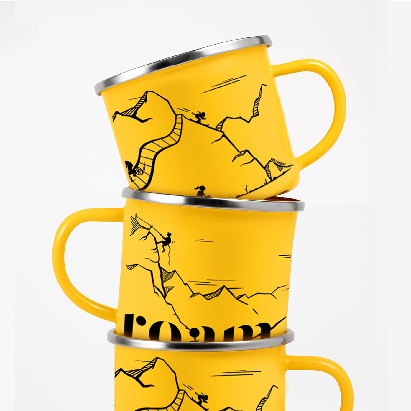 Three yellow Roam enamel mugs stacked together, showing wraparound mountain and adventure design.
