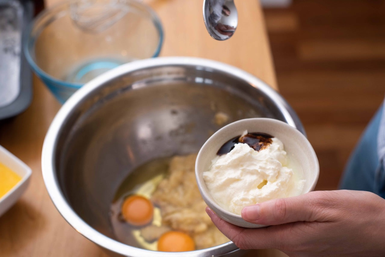 Mixing the ingredients for the protein banana bread recipe